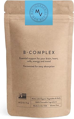 Movita Complejo de vitamina B fermentada – Alimentos integrales orgánicos para el estado de ánimo, alivio del estrés y apoyo al metabolismo –