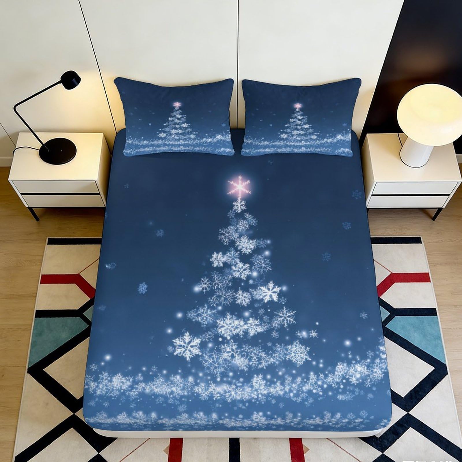 Jqzkxnhpbr Style-1 3D Printed Christmas Tree Fitted Sheet Microfiber Navy Blue Snowflake Bed Cover For Bedroom Dorm Decor 90X200x25cm