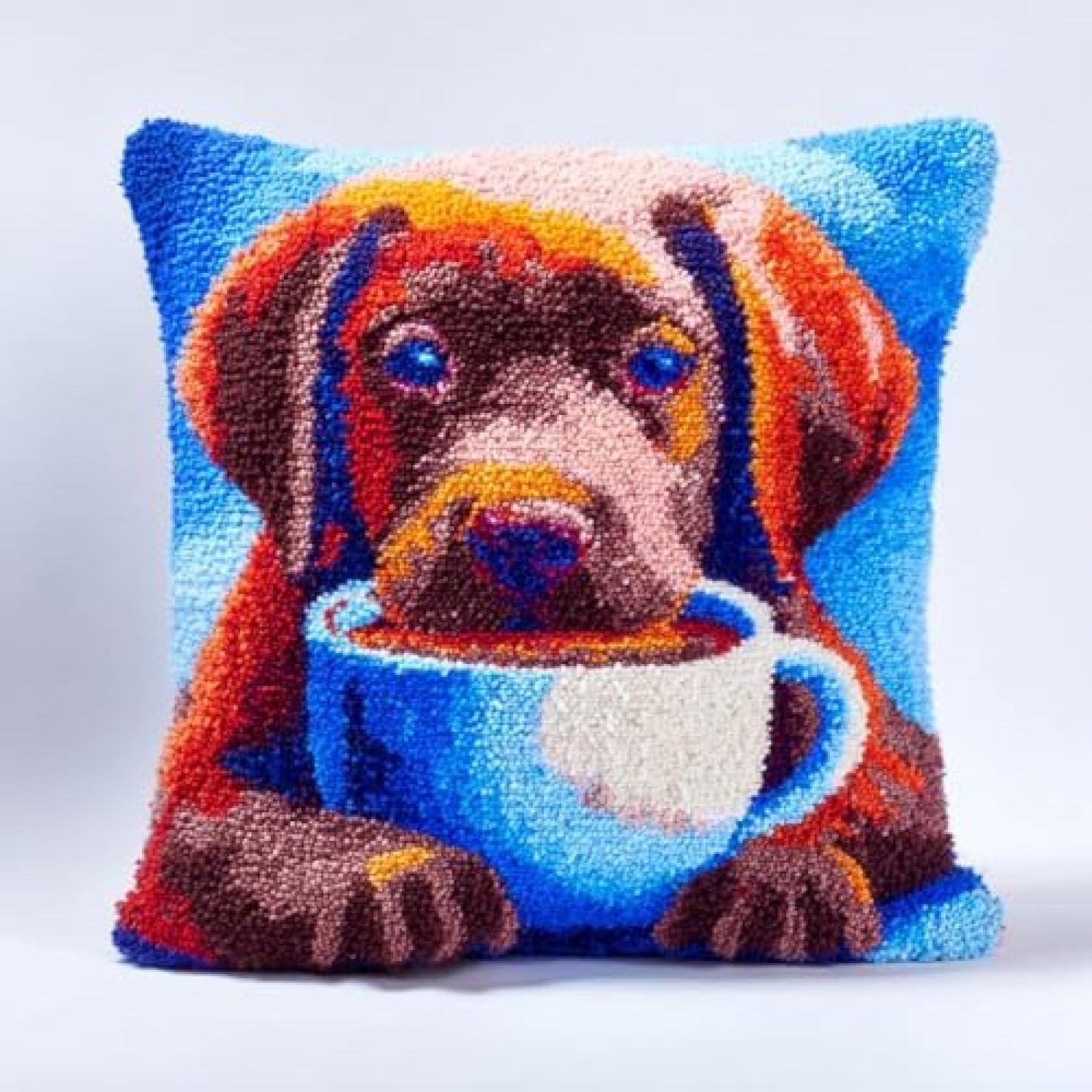 kitphoenix DIY Latch Hook Cushion Cover Kit for Adults Beginners,Retriever Drink Coffee,Pre-Printed Canvas with Yarn and Hook,43x43 cm Handmade Home Décor Craft Set