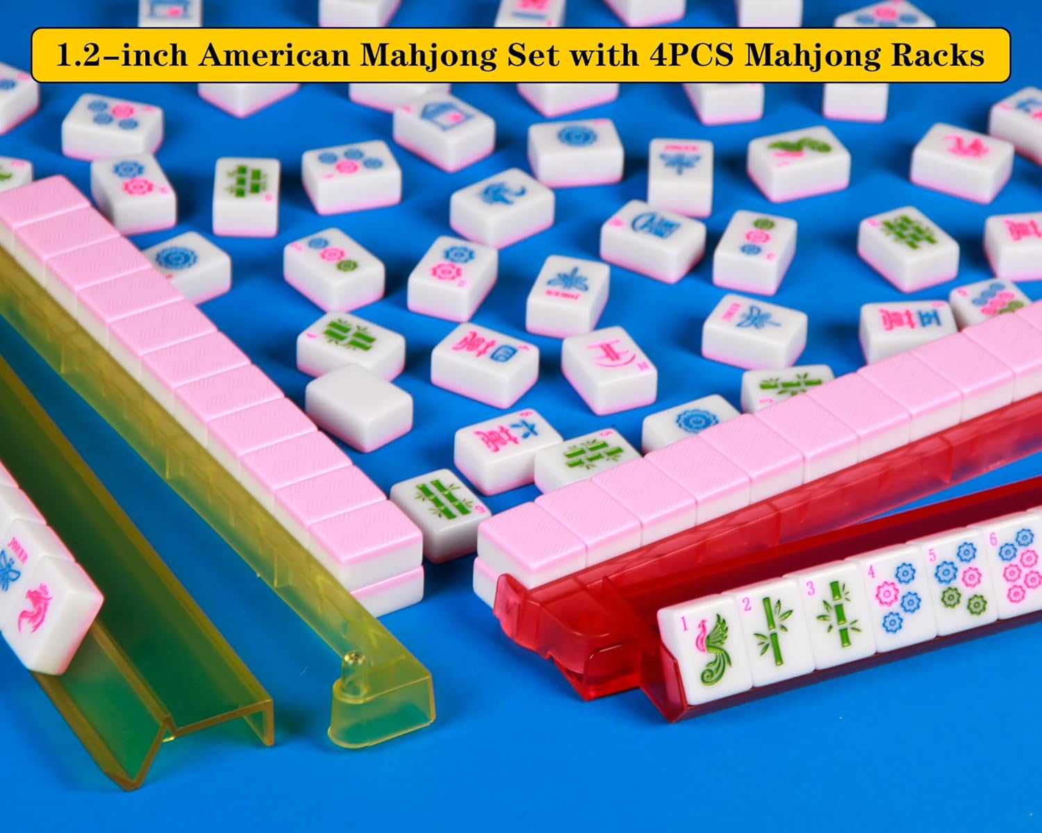 Pink American Mahjong Game Set 166 Mahjong Tile Set 1.2-inch American Mahjong Tile Set with 4PCS Mahjong Racks with Pushers