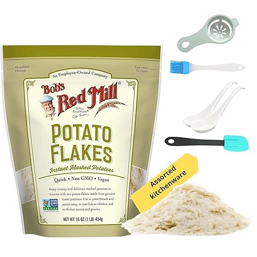 Potato Flakes - Puré de papas instantáneo, bolsa resellable de 16 onzas, vegano, sin OMG, viene con utensilios de cocina surtidos y coleccionables