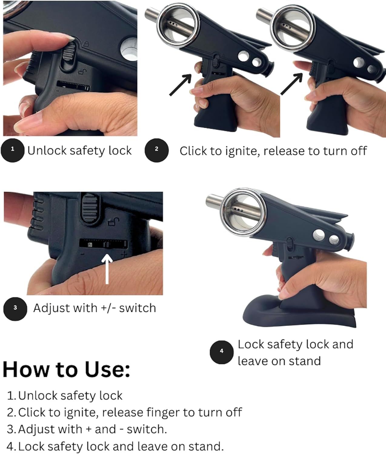 StarLight Torch Lighter – Adjustable Butane Flame, Metal Nozzle, Safety Lock, and Hands-Free Stand (White)
