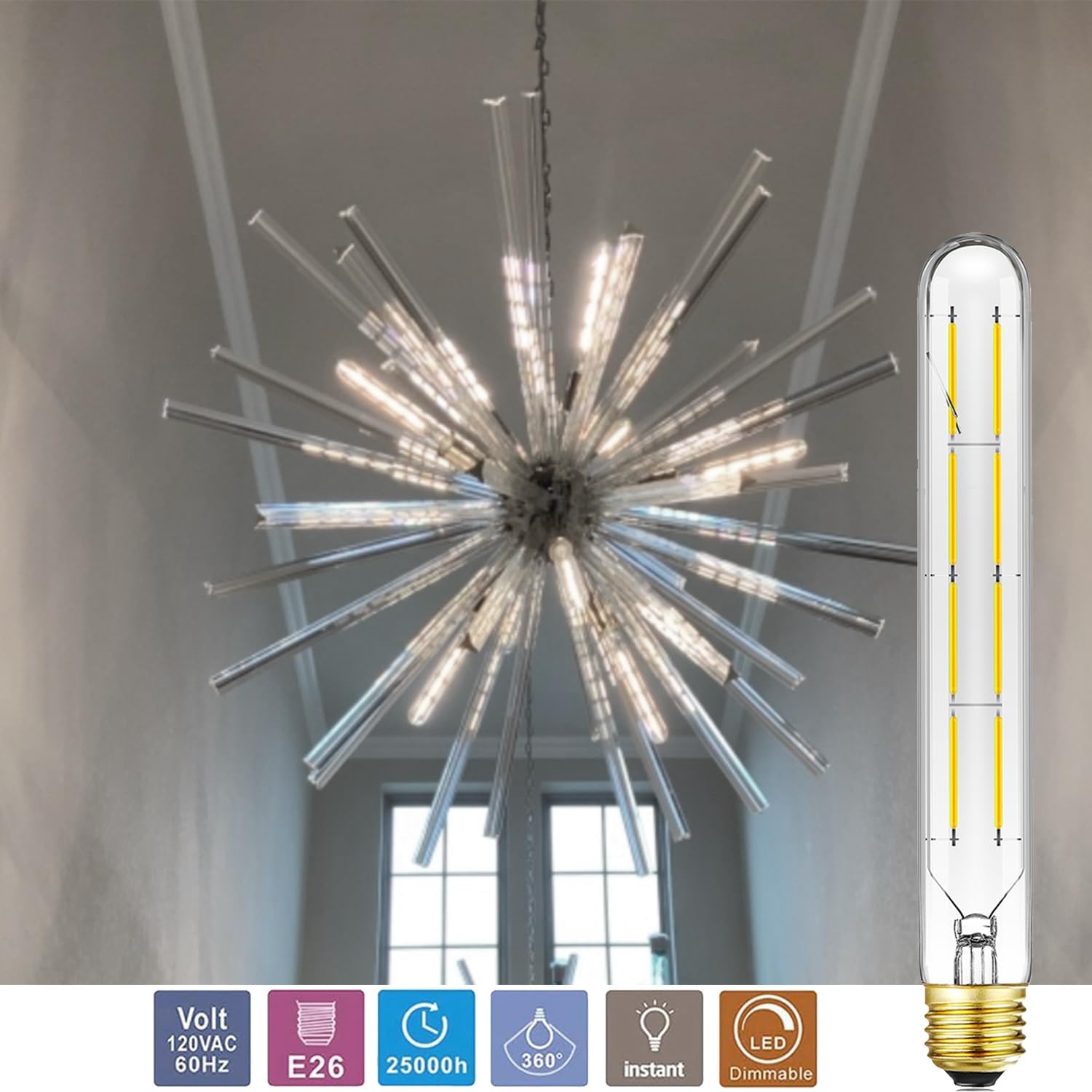 8.9In E26 LED Light Bulb 8W Dimmable Led Tubular Bulb 75 Watt Equivalent T10 Led Bulbs 5000K Cool White Edison Light Bulbs Clear Glass,6Pack.