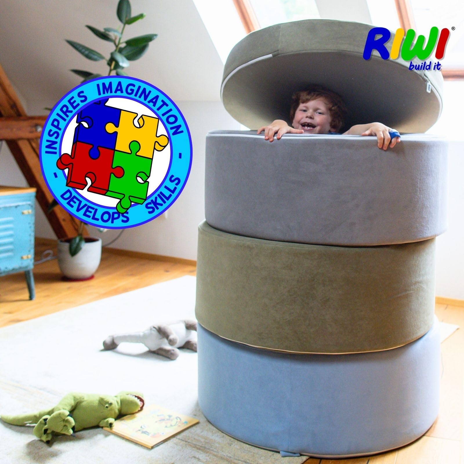 RIWI® Loop – Hellblau Premium (RCC202-27) | modularer Spielhocker für Kinder | 3-in-1 Sitzmöbel, Spielgerät & Bauobjekt | weich, sicher & waschbar