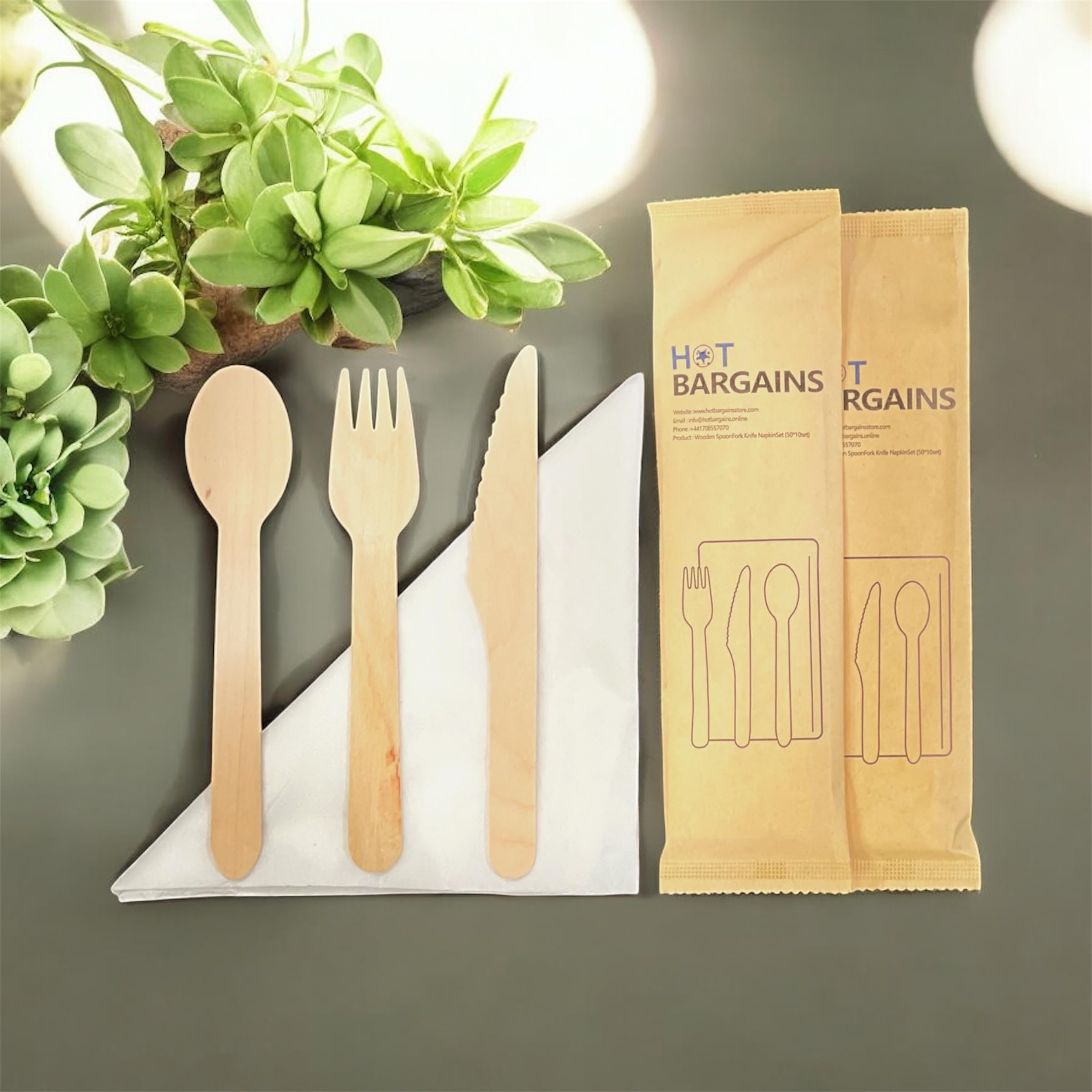 HOT BARGAINS 100 X Wooden Cutlery Sets Mixed Individually Wrapped Each Set Contains 4pcs Wooden Fork, Spoon, Knife and 2-Ply Napkin โ image 1