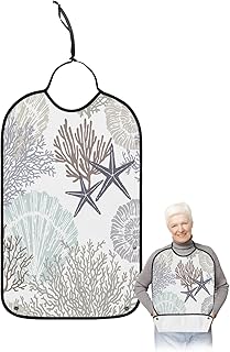 Kewadony Adult Bibs for Elderly Women - Purple Grey Oceans Waterproof Dining Clothing Protectors with Crumb Catcher for Eating/Feeding, Coral Starfish Seashells Marine Abstract Art Terry Cloth Bib
