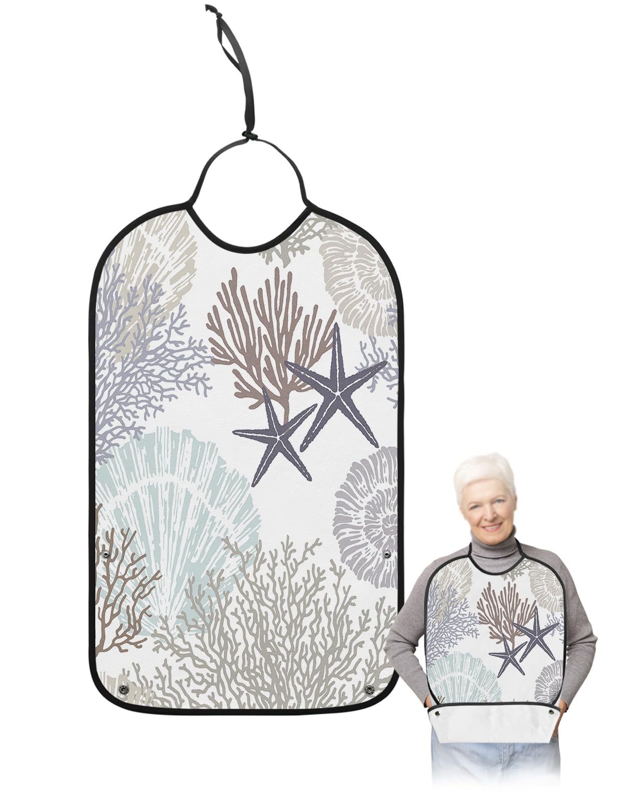 Summer Beach Coral Adult Bib for Eating with Crumb Catcher,Washable & Waterproof Terry Cloth Adjustable Elderly Women Men Adult Bibs Funny Apron Clothing Protector Minimalist Grey Coral Shell Starfish