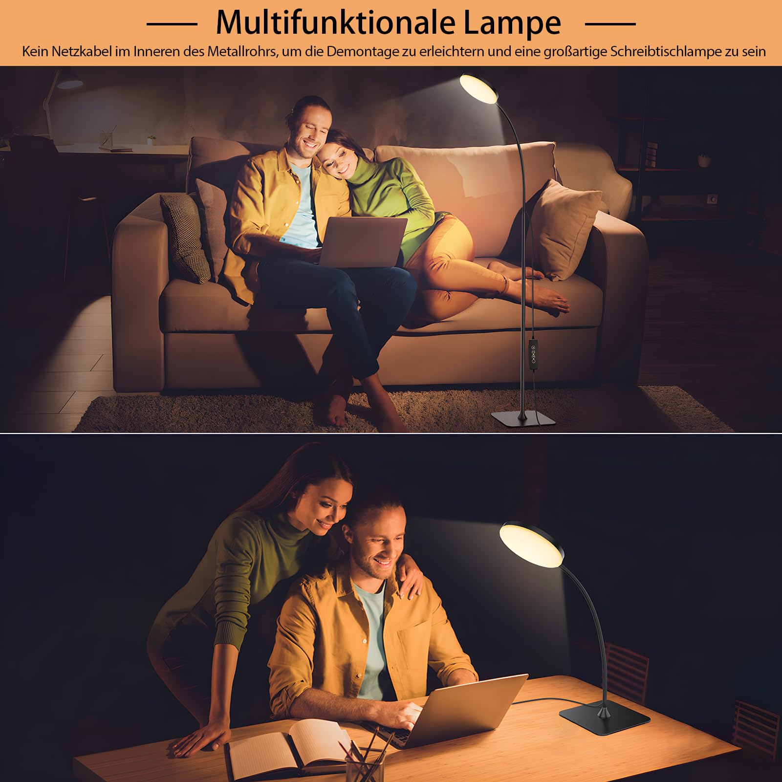 Mojimdo Stehlampe, [3 Farben & 10 Helligkeiten] Schlanke LED Leselampe Stehend, Dimmbar Einstellbare Flexible Stehleuchte für Kinderzimmer, Büro, Wohnzimmer, Ecke Nachttischlampe