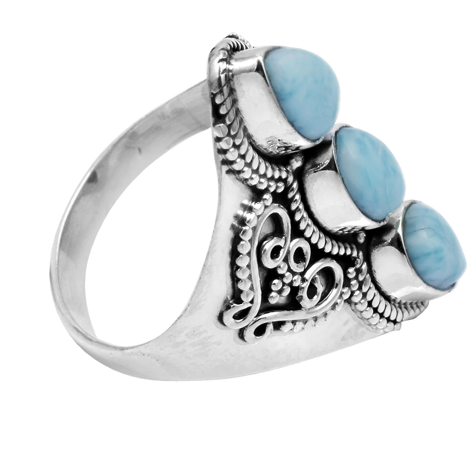 Anillo de plata de ley 925 con tres piedras de larimar natural para mujeres y niñas