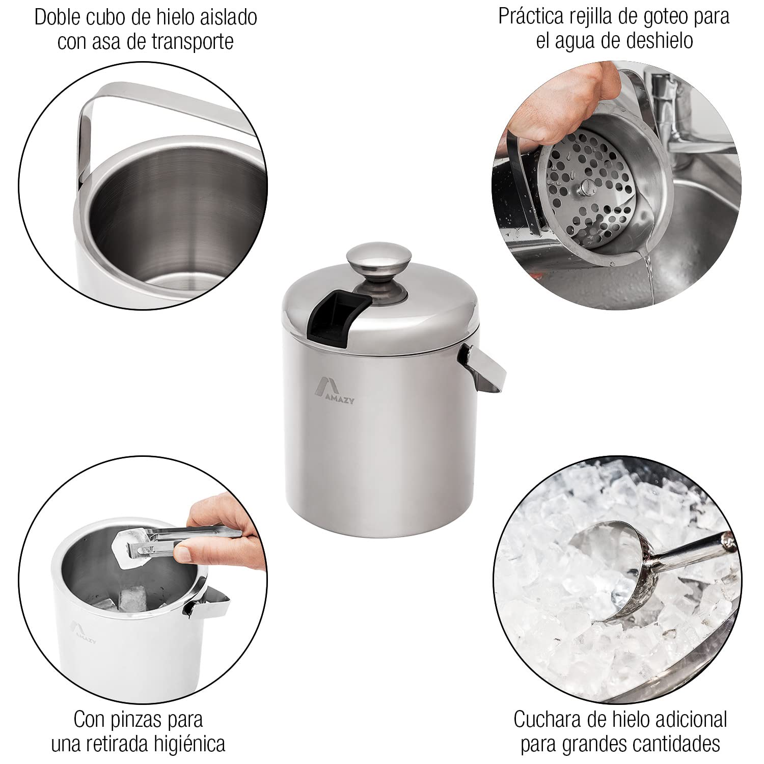 Amazy Cubitera Hielo de Acero Inoxidable (1,3 L) - Incl. Tapa, Pinzas, Pala y escurridor – Cubitera Ideal para Hielo. Cubitera Profesional para Bebidas y Alimentos.