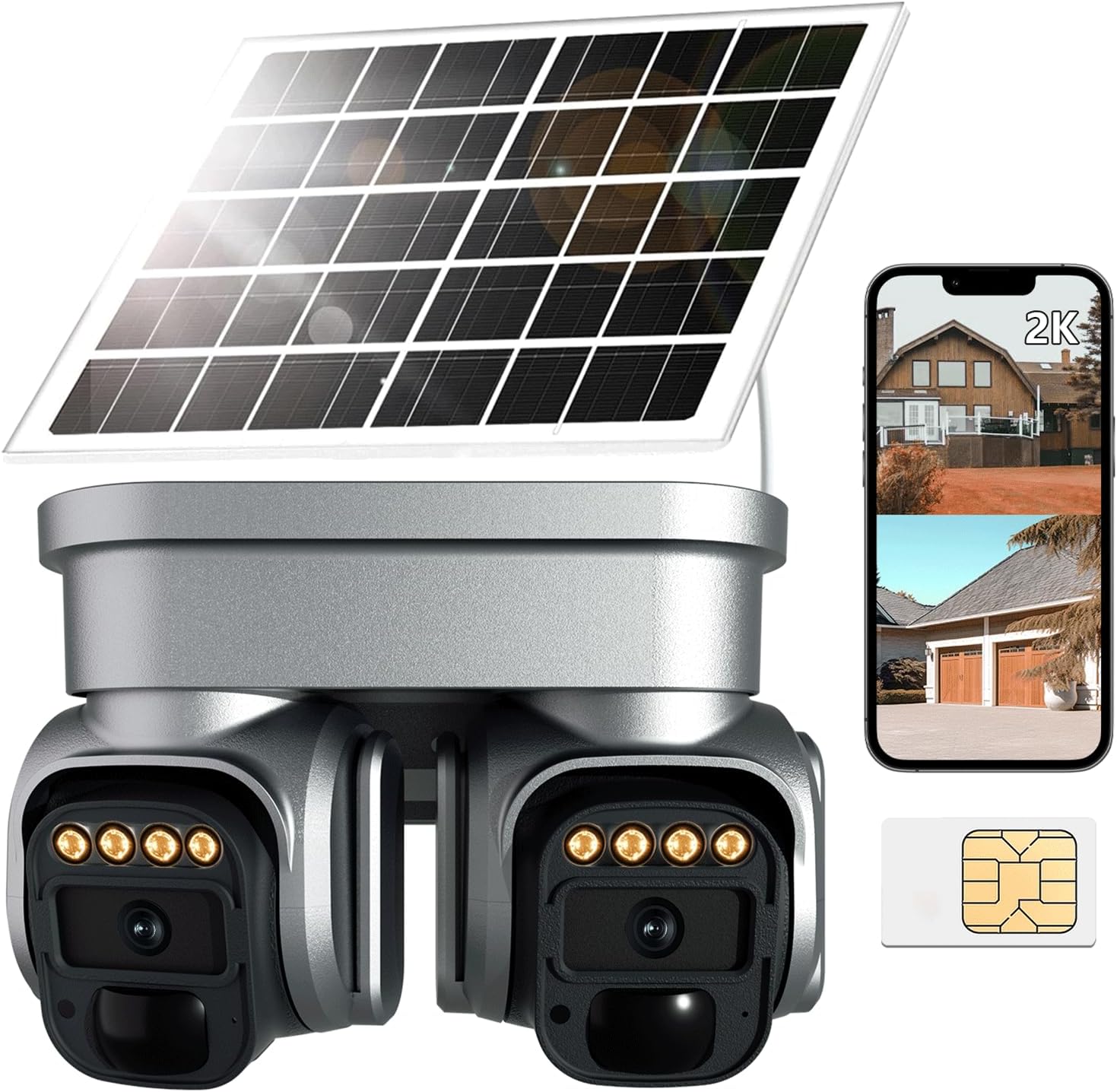 4G LTE Cellular Solar Security Camera,No WiFi Security Camera, 2K Cellular Cam HD Dual Lens 360° Pan Tilt, Color Night Vision, PIR Motion Detection, IP66 Waterproof Installed SIM