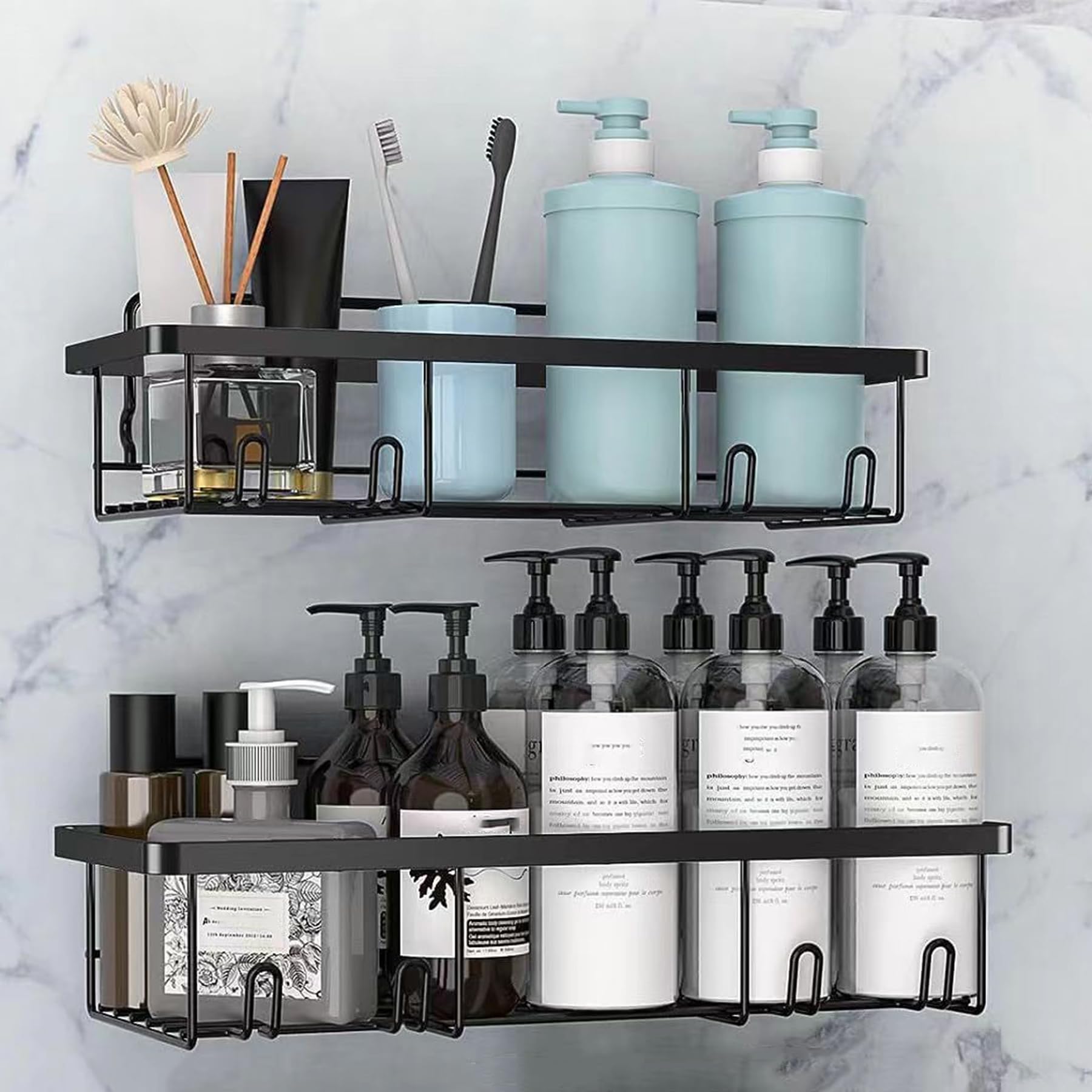 SRURLLUG Adhesive Shower Caddy Rustproof Wall Mounted Shower Shelves No Drilling Bathroom Storage Rack Large Capacity Organizers with
