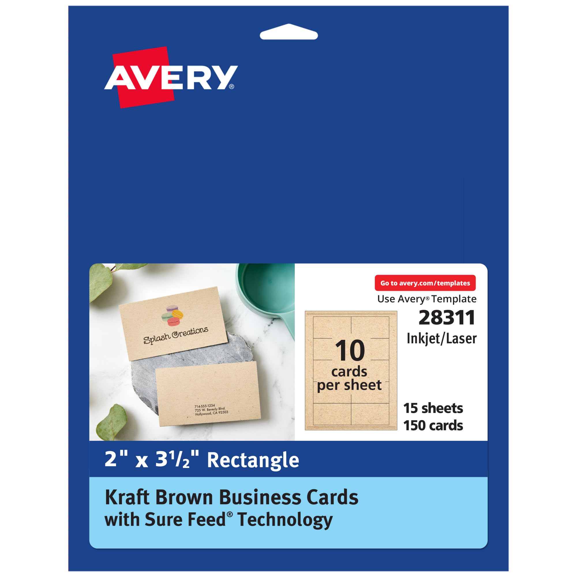 Tarjetas de visita Kraft marrón Avery de 2 x 3.5 pulgadas para impresión inyección de tinta, 150 u 8