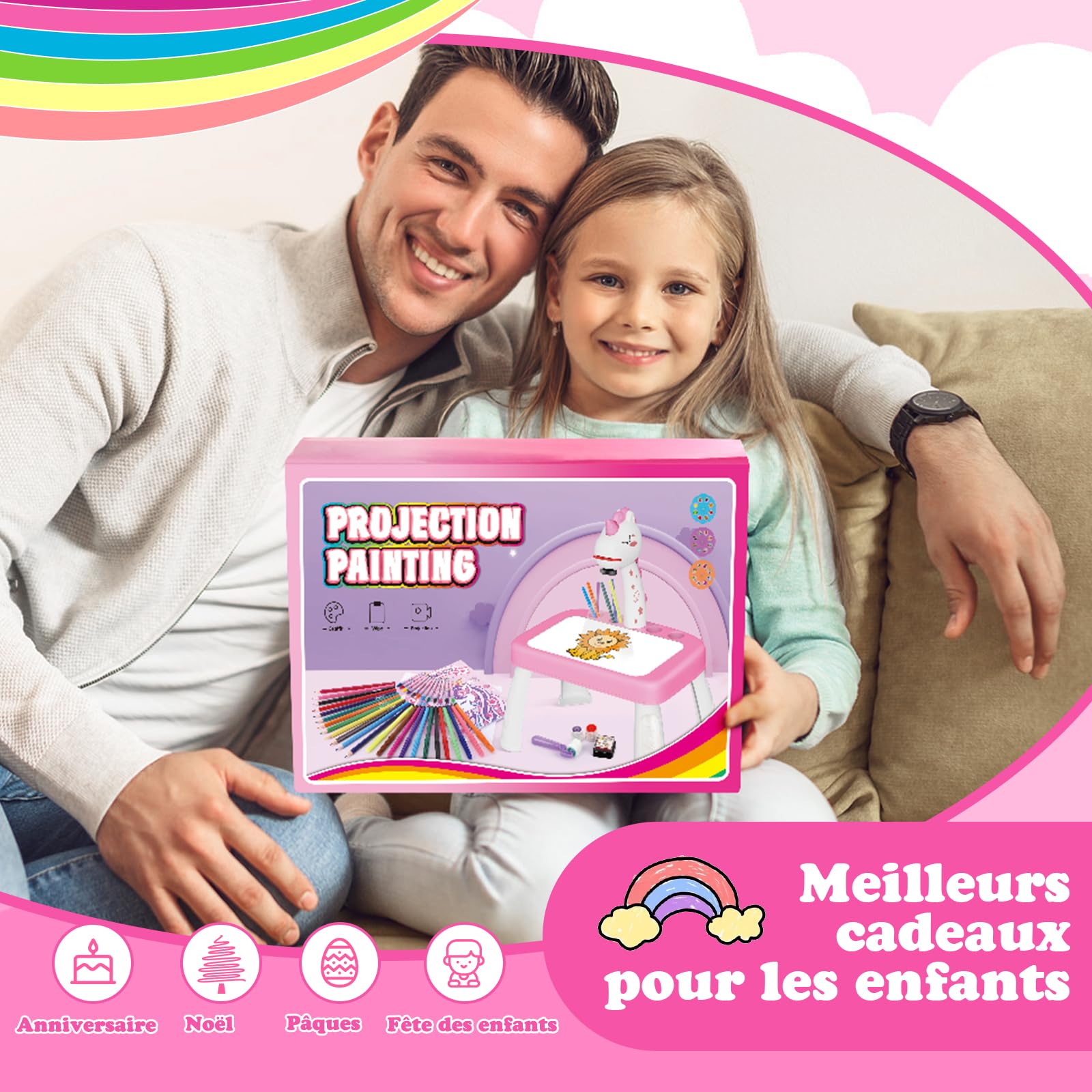 Konijiwa Cadeau Fille Projecteur Dessin Enfant avec 72 Motifs Jouet Fille Jeux Enfant 3 4 5 6 ans Licorne Jouet Cadeau avec Crayons de Couleur, Album de Découpage, Livre d'Autocollant Licorne, Tampon