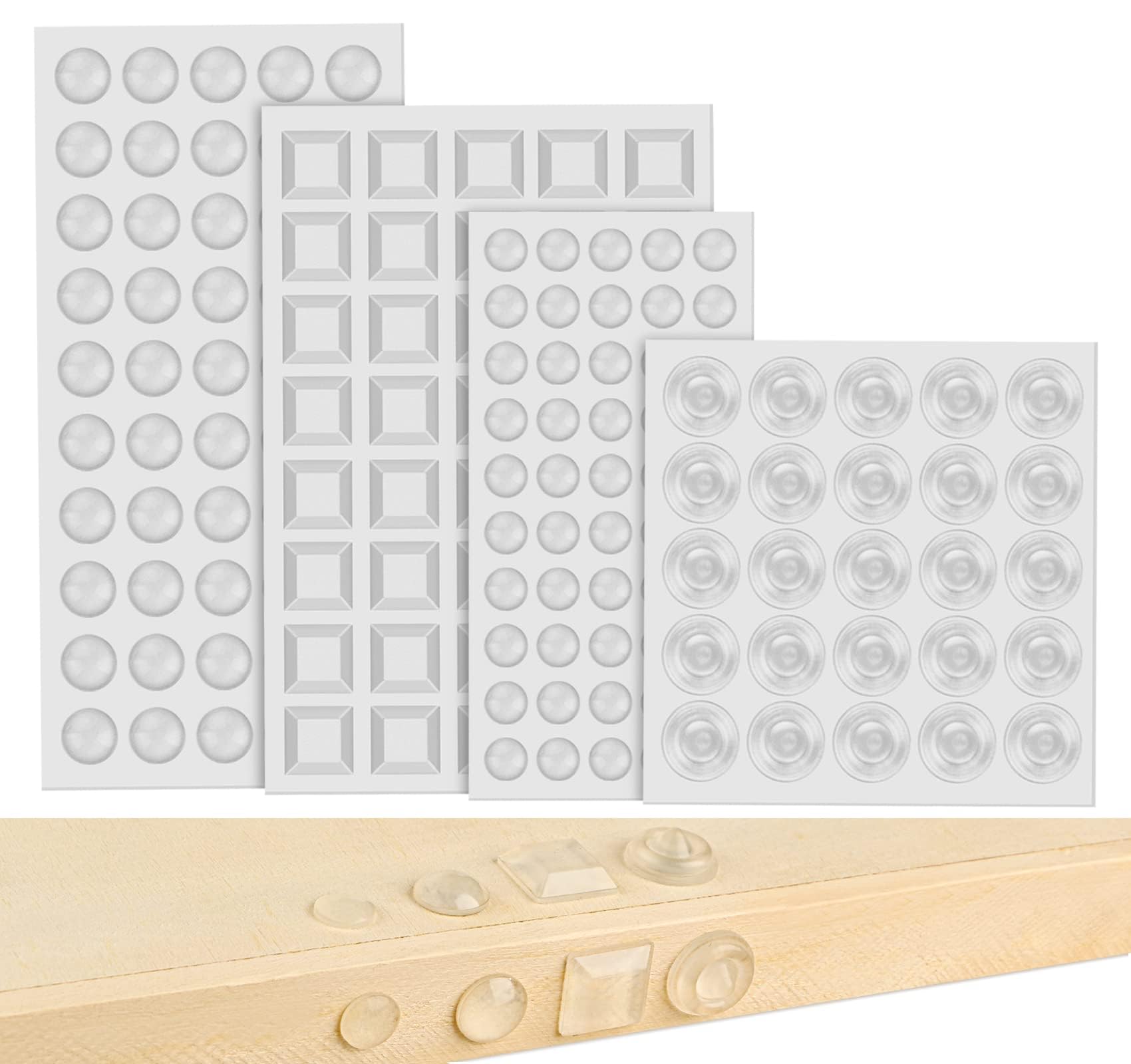GraGra Adhesive Bumper Pads, 4 Sheets Clear Rubber Feet, Clear Furniture Buffer Pads for Cabinet Doors, Drawers, Glass Tops, Cupboards, Picture Frames, and Cutting Boards(4 Sizes)