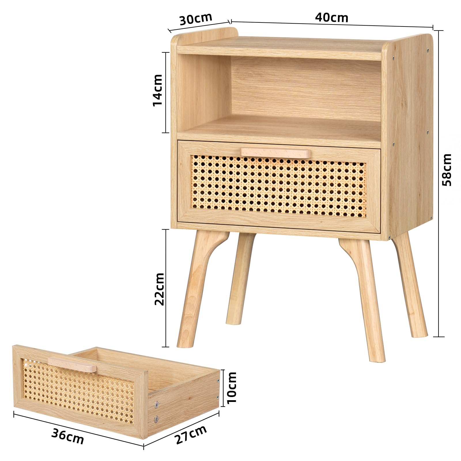 LELELINKY Lot de 2 Tables de Chevet en rotin bohème - Petite Table d'appoint en Bois avec tiroir et étagère Ouverte - Table de Chevet avec Pieds en Bois Massif - pour Salon, Table Basse, Chambre à