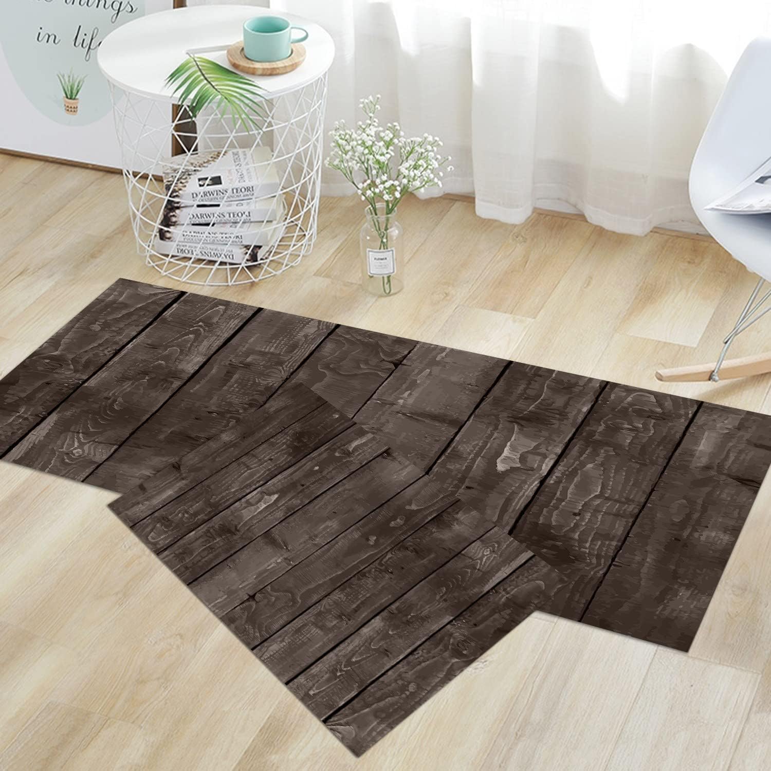 GUBIYU Set of 2 Kitchen Rugs and Mats Rustic Wood Grain