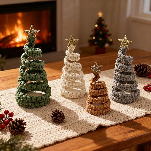 4 piezas de decoración de mesa para árbol de Navidad, árboles de Navidad de mesa con estrella con purpurina, centro de mesa de estilo rústico para