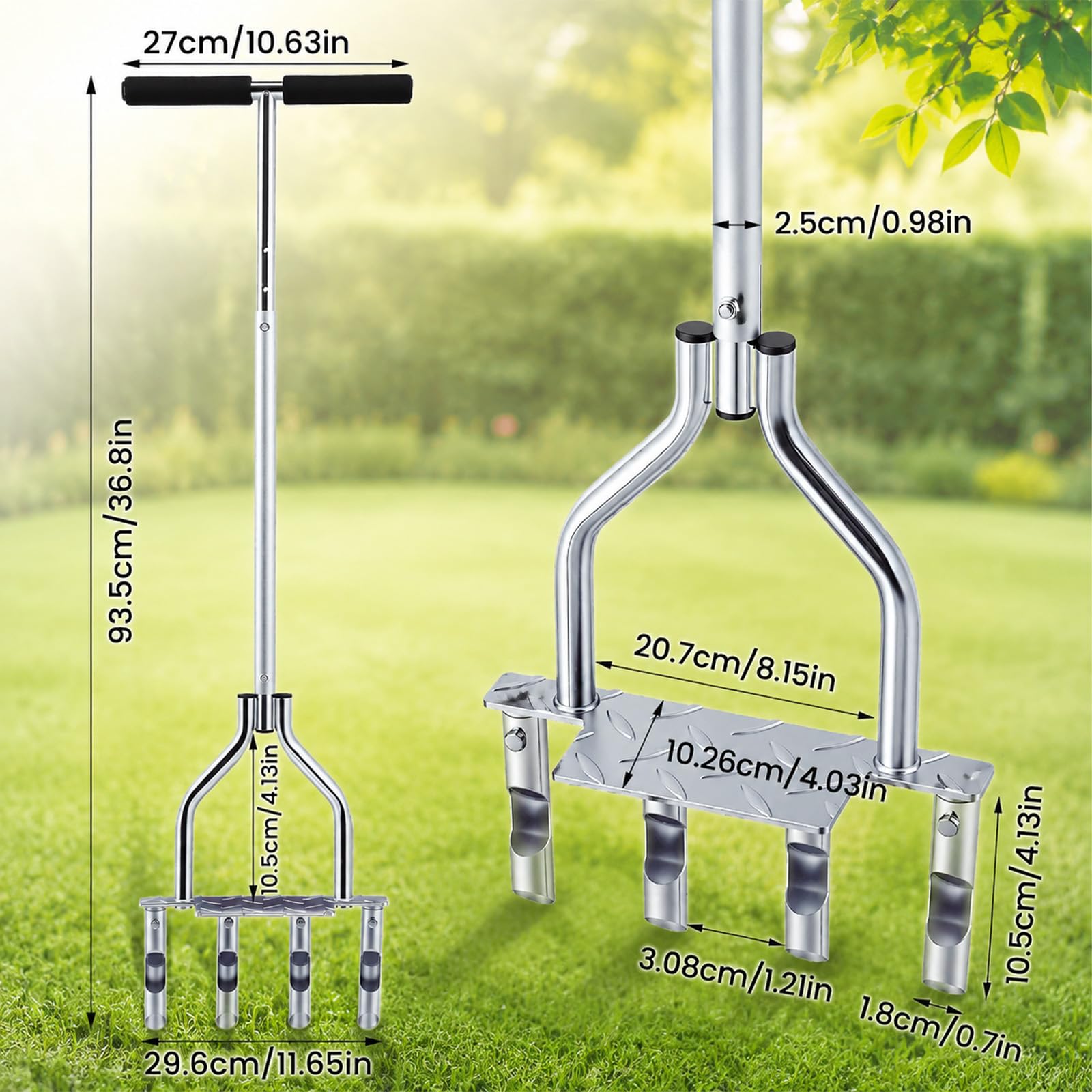 Aireador de césped manual, 4 núcleos, mango de 90 – 98 cm | Inoxidable,Con Guantes Y Herramienta de Limpieza De Desagües,Aerificador De Césped Para Suelos Comprimidos Cuidado Del Césped