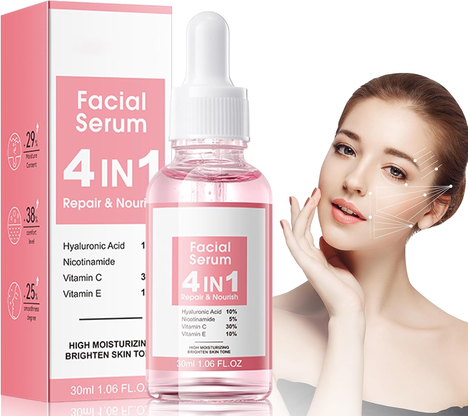 4 in 1 Anti Aging Face Serum for Women, Serum Face with Hyaluronic Acid, Nicotinamide, Vitamin C, Vitamin E, skin care for Fade Fine Lines, Improve Dull Tired Skin, Fades Dark Spots