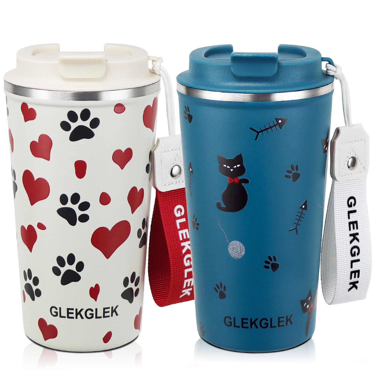GLEKGLEK Taza Térmica 500ml con Correa, Pack de 2, Gato y Perro