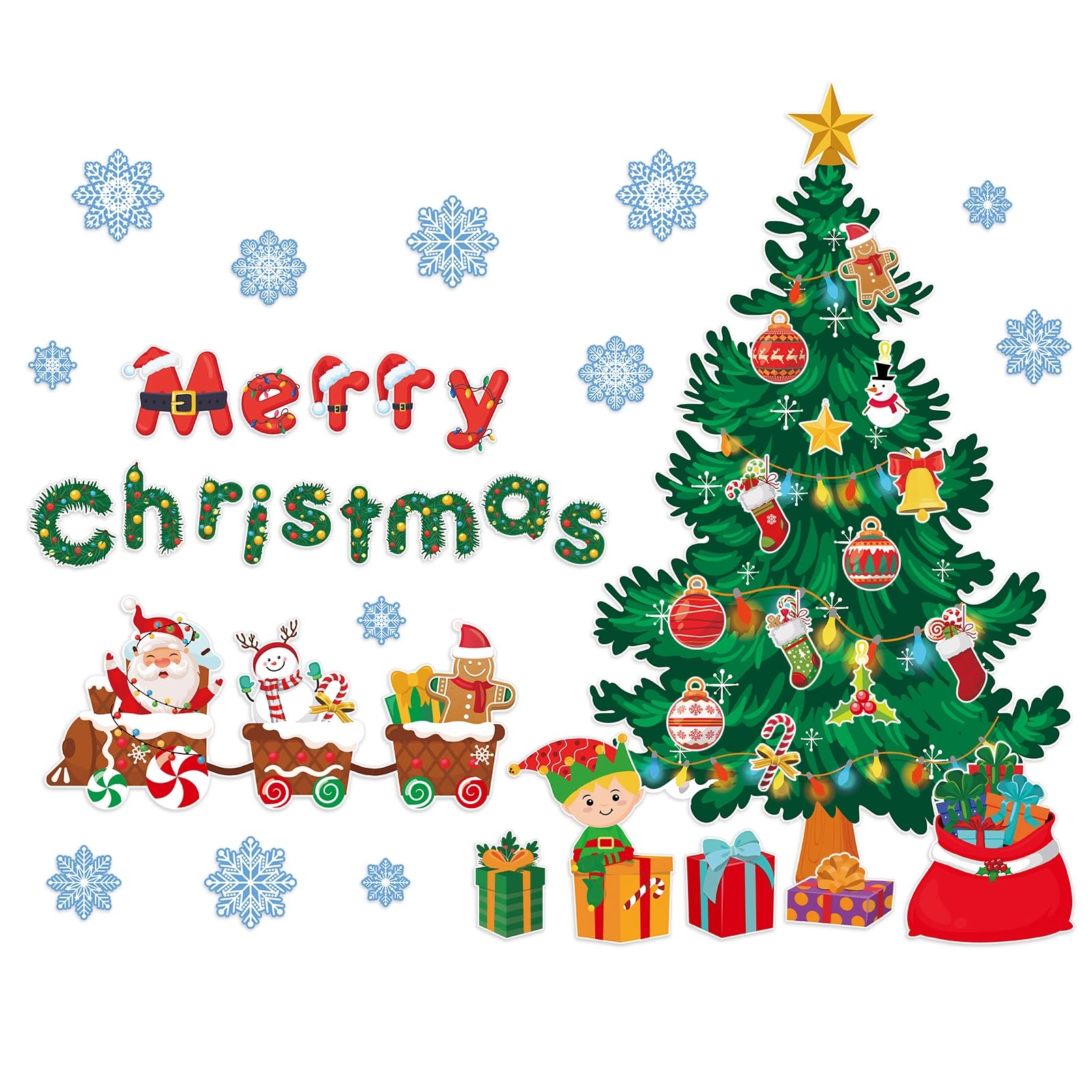 ALLFELIXA Christmas Tree Bulletin Board Decorations Set, Snowflakes, Santa Claus, Bells, Gingerbread House Cutouts with Glue Dots for Holiday Classroom Wall Decor (Type A - 56PCS)