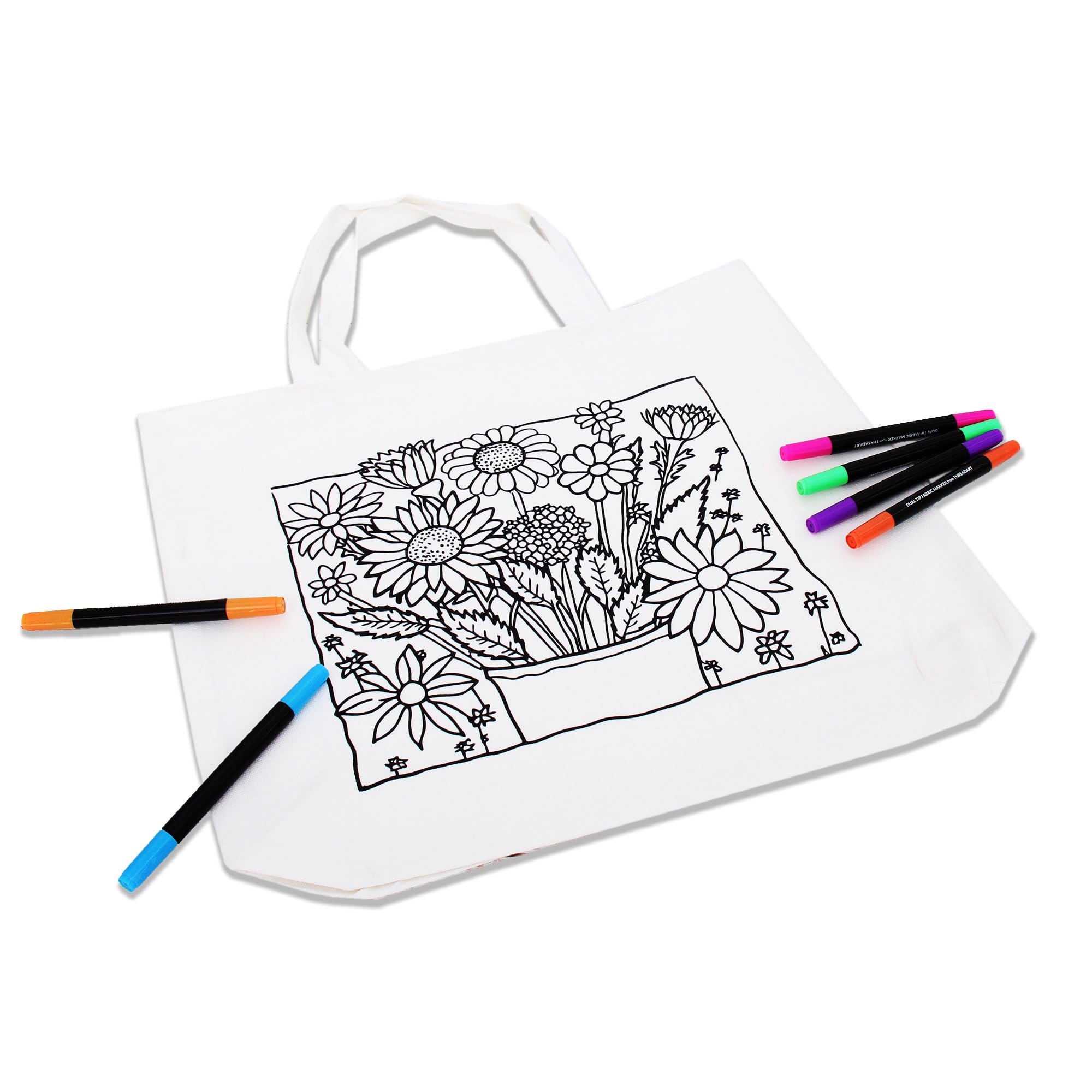 Threadart Color Your Own Bag - Flower Design - Canvas Tote Bag Only - Bags to Decorate - Make Your Own Bag - Fun Coloring Crafting Kit - Decorate Your Own Tote Bag