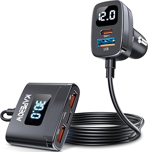Cargador de coche USB C de carga rápida de 78 W, cargador de teléfono de coche de 5 puertos con pantalla de voltaje, extensión de 5 pies PD&QC 3.0