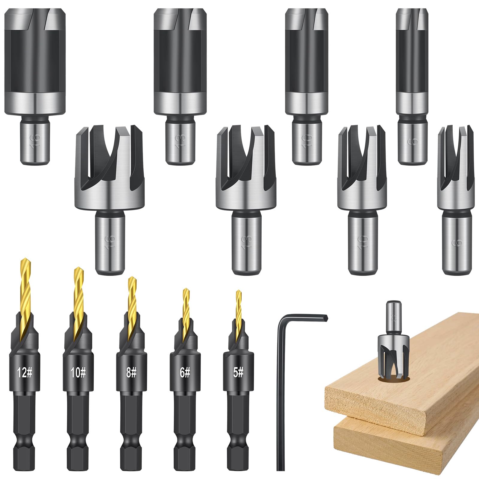 Brocas Madera Metal 14 Piezas, Juego de Brocas Profesional Incluye 5 Broca Avellanadora Madera y 8 Broca Hueca con Llaves Allen en L, Herramientas Carpinteria de Titanio con Vástago Hexagonal de 1/4"