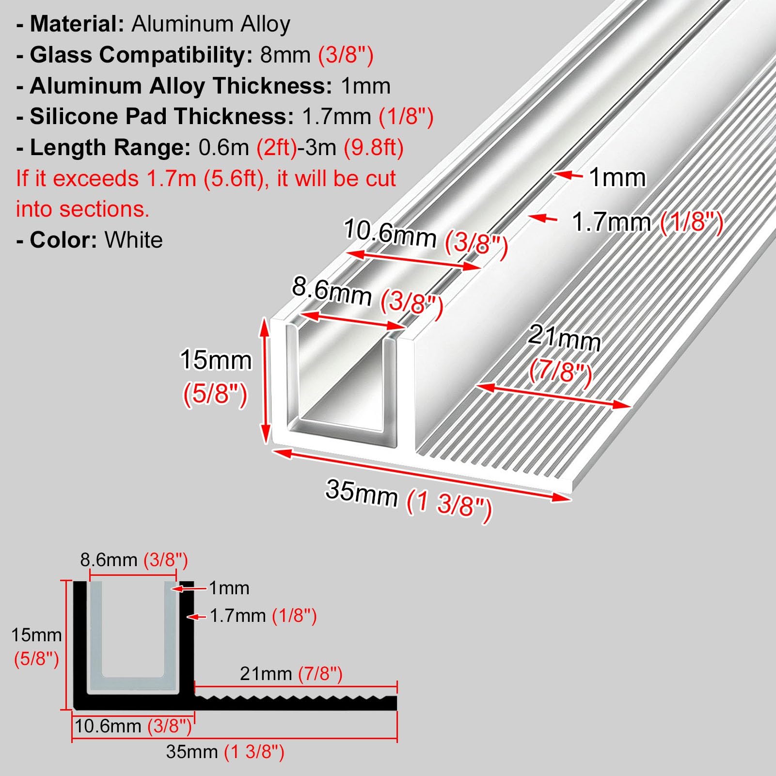 Perfil Aluminio Carril de Vidrio En Forma de U Con Tira de Sellado | Canaleta para Puerta de Baño Resistente a La Corrosión, Canaleta En U Profunda para Ducha de Vidrio Mate, Montaje En Pared