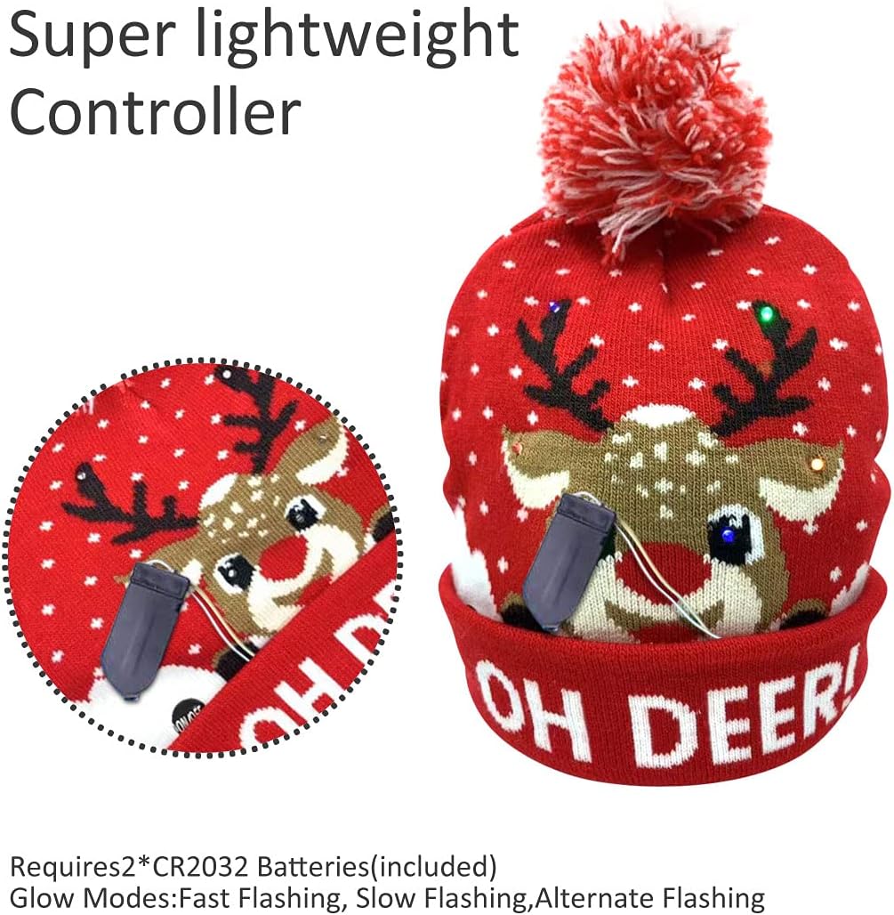 LED Christmas Hat Xmas Beanie Sweater Knitted Cap Unisex Light Up Beanie Hat Winter Knit Christmas Cap Hat for Kids Black,red - Image 3