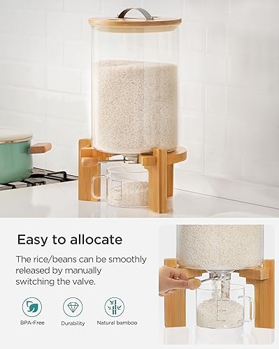 Miniatura 3 de HBlife Dispensador de arroz de vidrio de 14 a 16 libras con soporte de madera, contenedor de harina y cereales con taza medidora de vidrio,