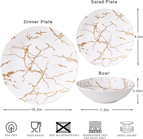 Miniatura 7 de Juego de vajilla de melamina de 12 piezas, juego de platos y cuencos negros de mármol, juegos de vajilla para exteriores, para patio, caravana y