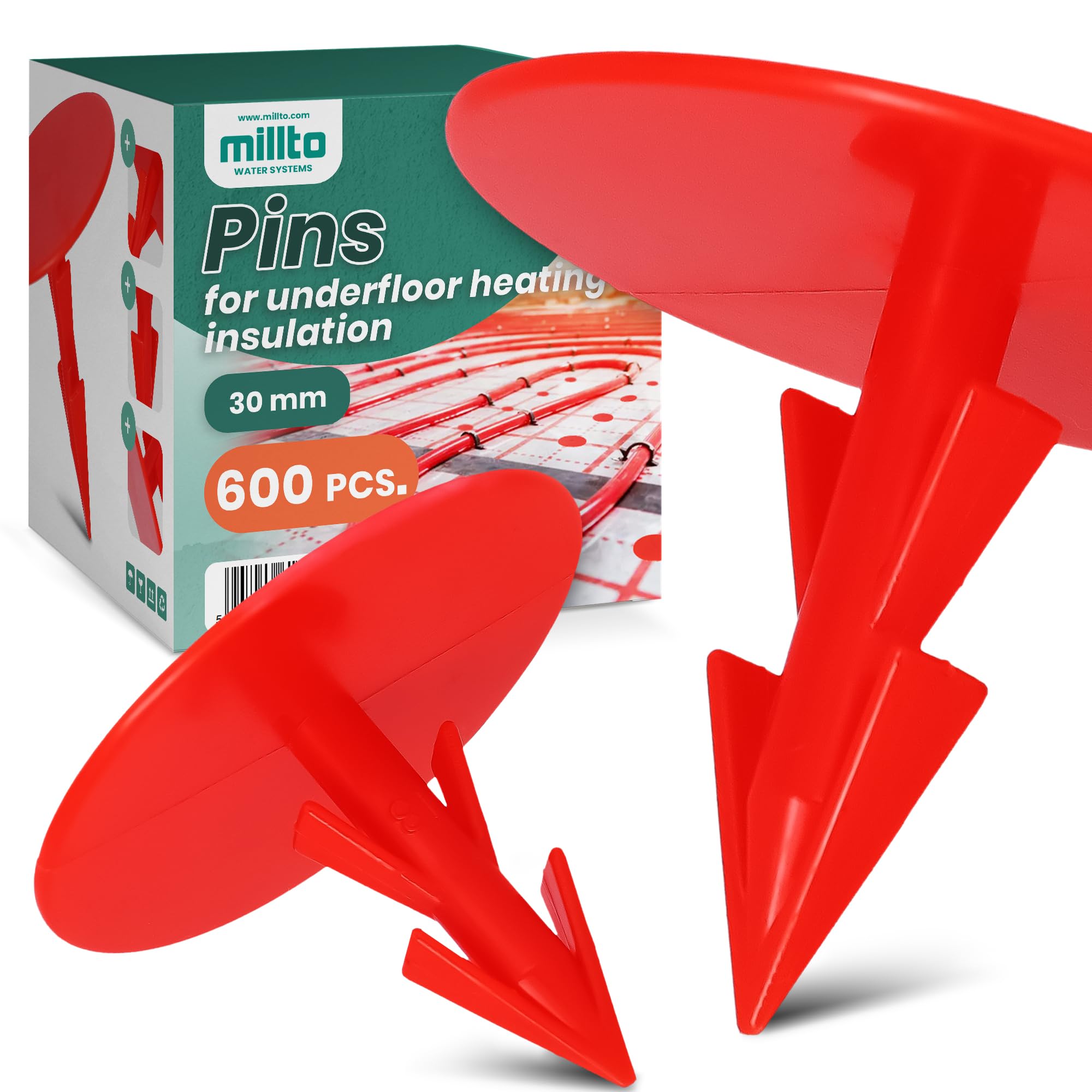 600x Millto Clips Chauffage Au Sol Film 30 mm Agrafes Fixation Chevilles Crochets Ancrages Pointes Supports Montage Feuille Isolation Polystyrène Rouge