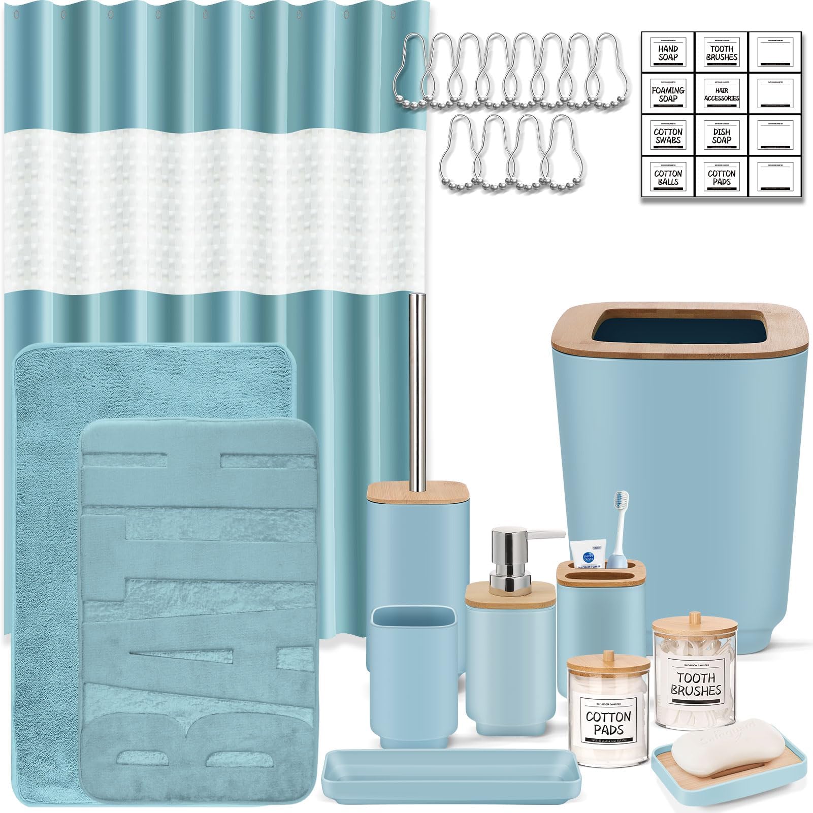 IMAVO Bathroom Accessories Set, Non-Slip Absorbent Blue Bathroom Rugs and Waterproof Shower Curtain with Hooks,Complete Bathroom Set for Bathroom Décor