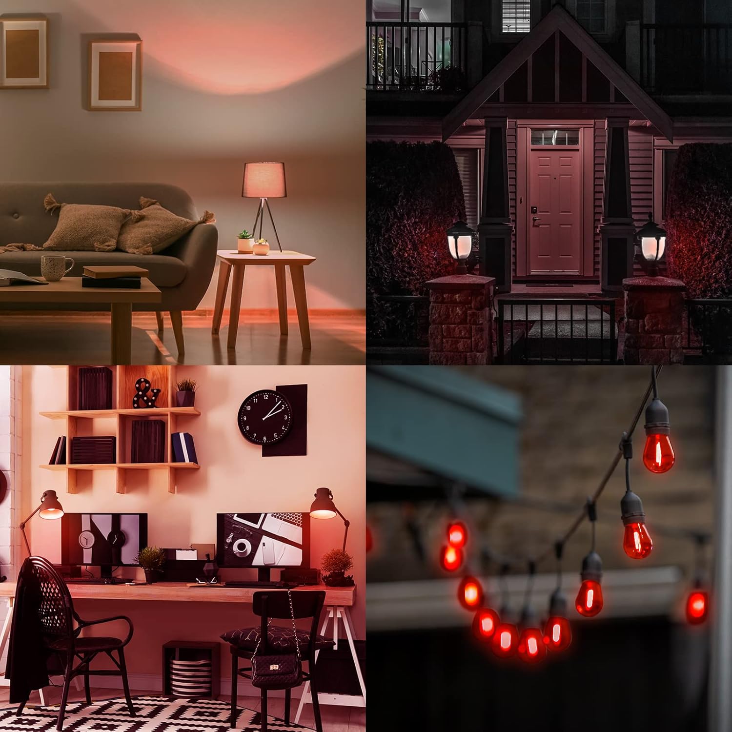 Collage showing LUXRITE S14 Edison LED Red Light Bulbs used in various settings: indoor living room, outdoor porch lights, home office, and outdoor string lights.