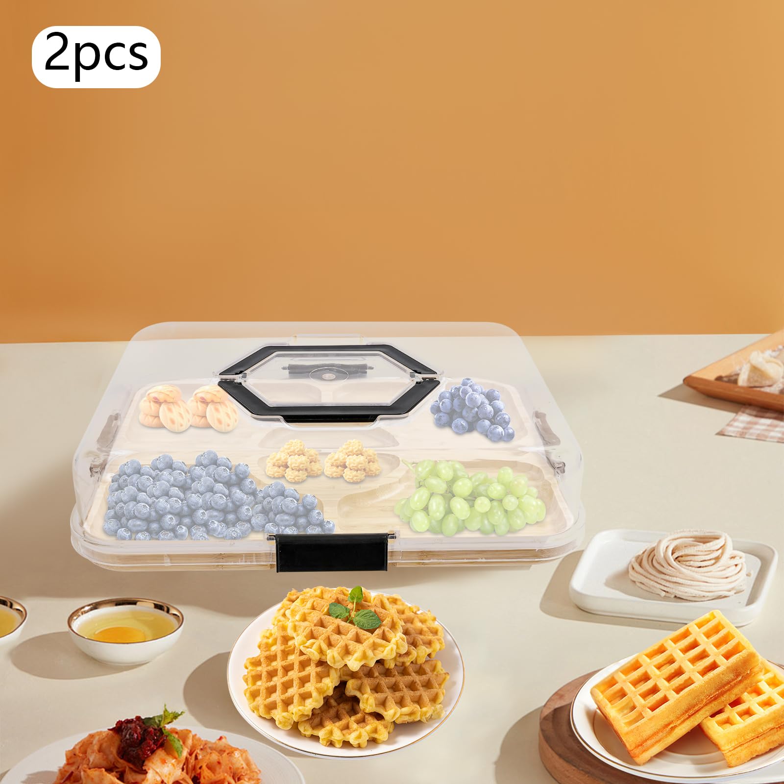 2 tablas de queso con tapa, bandeja para servir a madera de bambú, bandeja multifuncional con asa, tabla de charcutería para comida familiar, reunión, picnic, 35,3 x 28,3 cm (5 cuadrículas)