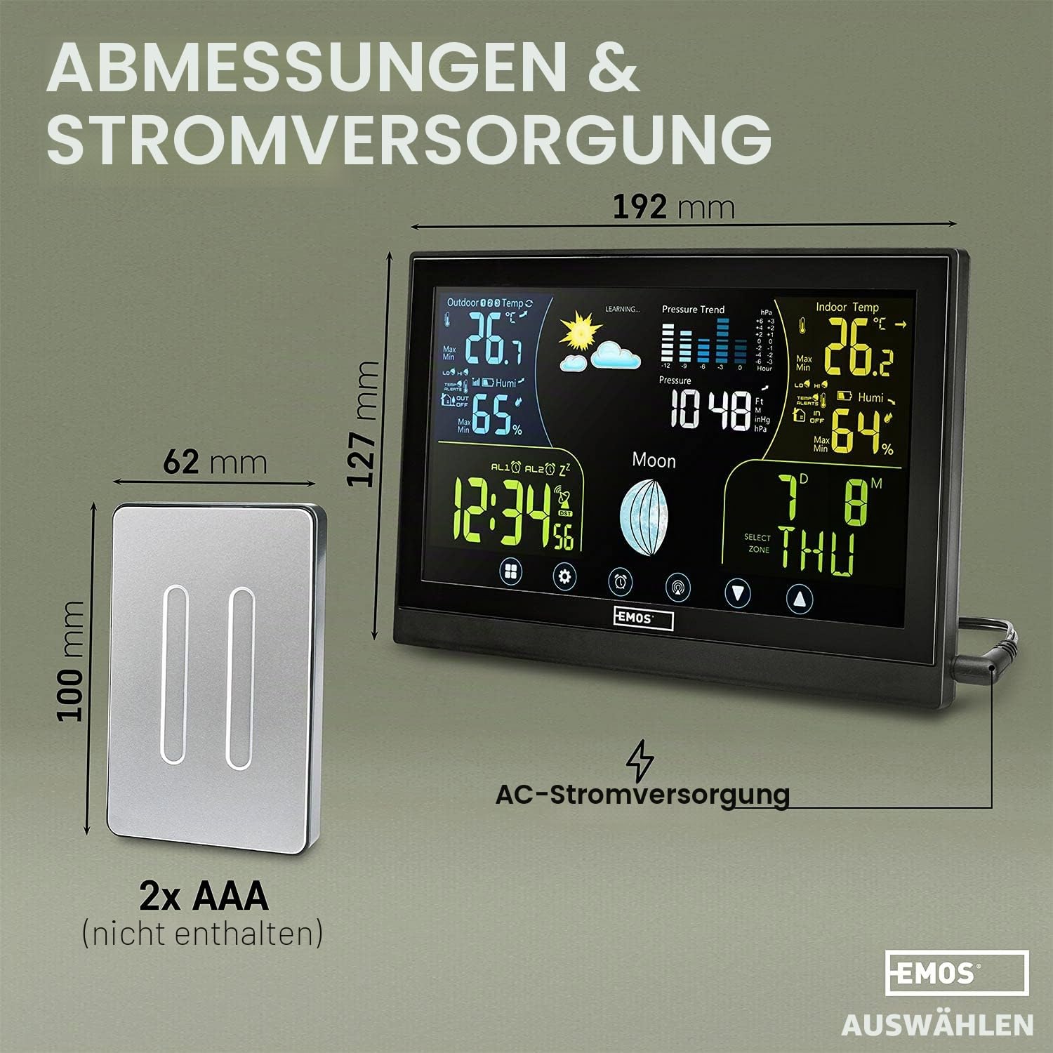 Emos Wetterstation Funk mit Außensensor, Touchscreen und Farbdisplay, DCF Empfangssignal Funkuhr - Innen- und Außentemperatur, Barometer, Wettervorhersage