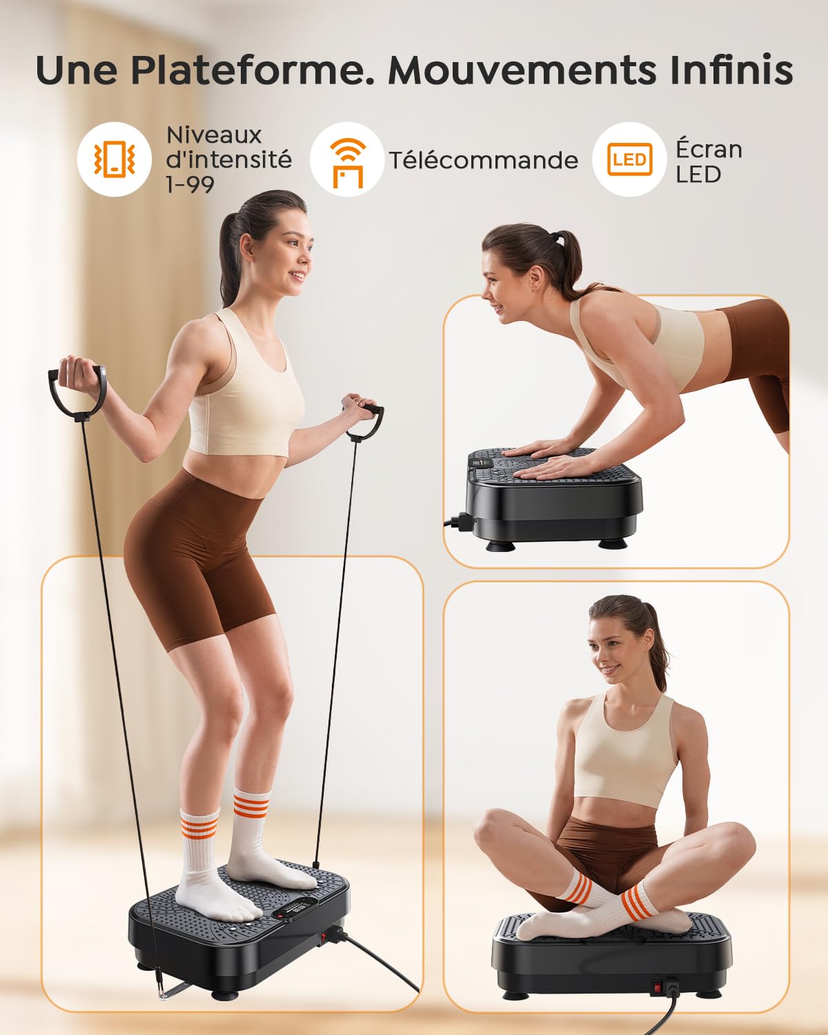 Plateforme Vibrante Oscillante, Burever 150W Plateforme Vibrante Perte de Poids avec Massage Silencieux des Pieds, 99 Niveaux d'Intensité et 5 Programmes avec 2 Bandes de Résistance & Télécommande