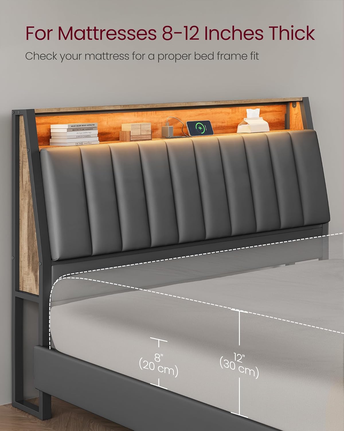 VASAGLE LED Bed Frame Queen Size, Storage Headboard and Charging Station, Queen Bed Frame with 2 AC Outlets, 1 USB Port, 1 Type-C Port, No Box Spring Needed, Dove Gray and Camel Brown URMB841G01 - Image 8