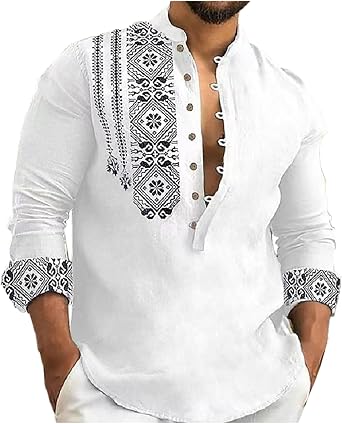 Zeiayuas Men's Cotton Linen Shirt Half Button Up V Neck Henley Shirts Long Sleeve Vintage Floral Print T-Shirt Casual Loose Fit Tops Lightweight Plain Dress Shirts Blouse UK Sale Clearance Size S-3XL