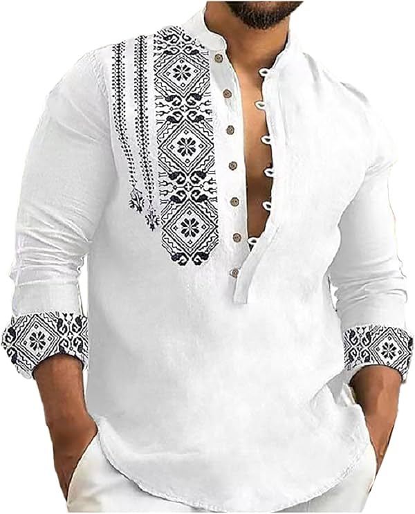 Camisetas de Manga Larga para Hombre Camiseta Gráfica de Algodón Casual Holgada Cuello Redondo Vintage Henley