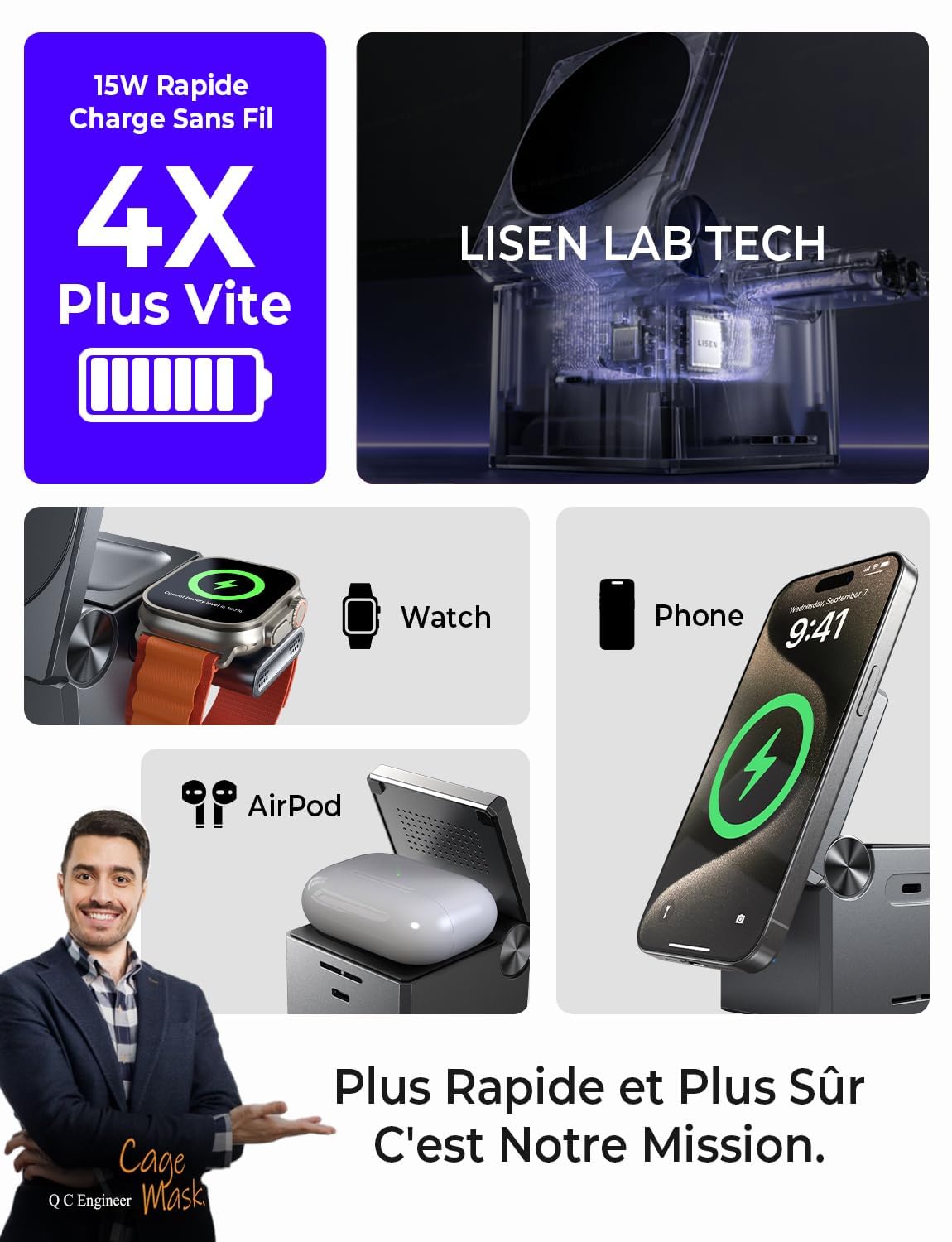 LISEN 3 in 1 Caricatore Wireless Stazione di Ricarica Magnetica, Ricarica Rapida Wireless Phone Charger Stand per iPhone 17 Pro Max Air Apple Watch Airpods, Caricatore Magsafe Apple Accessori