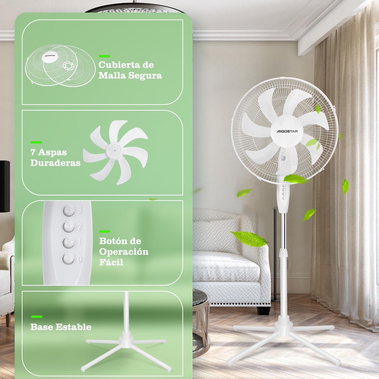 Aigostar Ventilador de Pie con 7 Aspas, Altura Ajustable 108-130cm, Ventilador Silencioso (43 cm Ø), Oscilante 70°, 3 Velocidades, para Salón, Dormitorio y Oficina, Erika