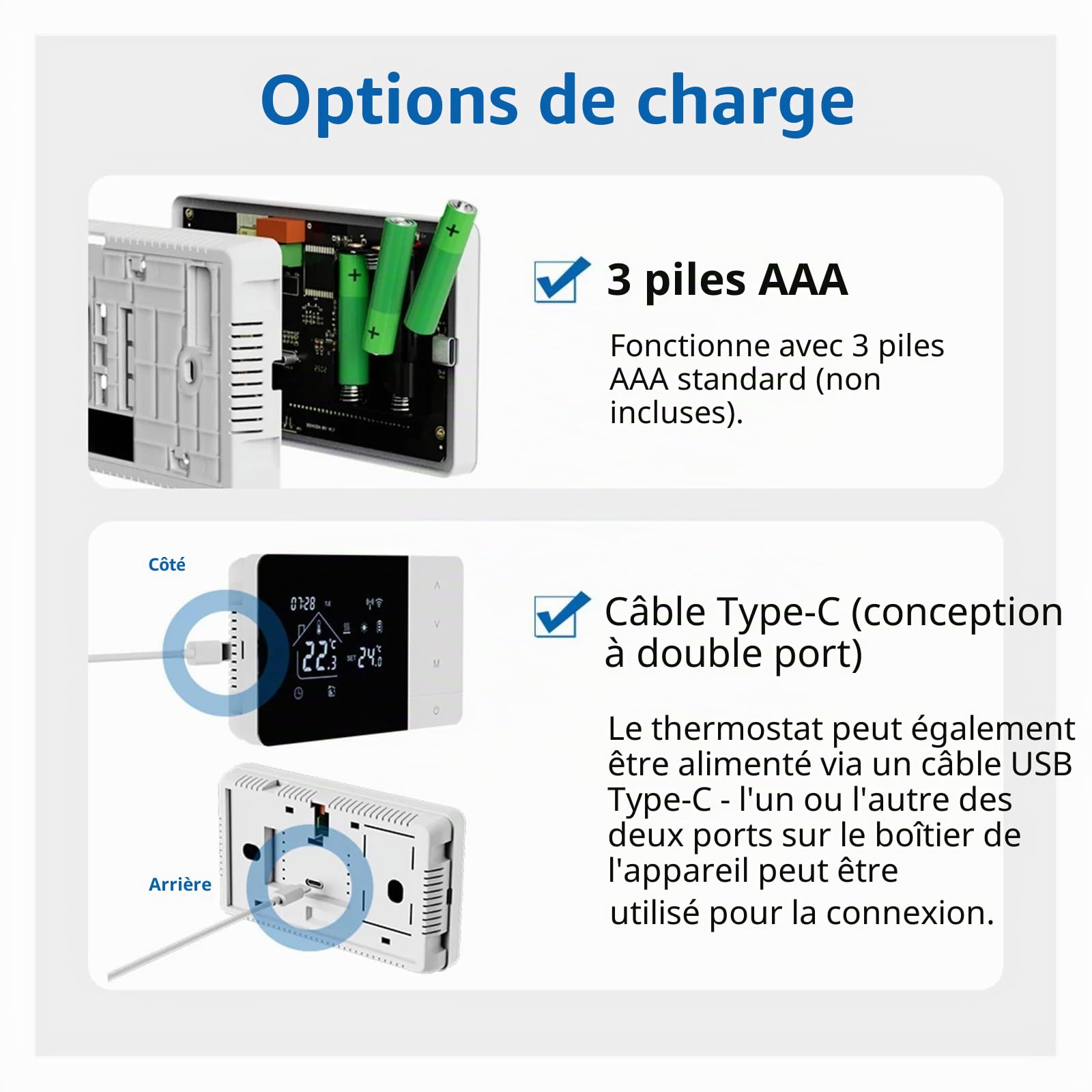 Thermostat WIFI à batterie ou avec câble Type-c pour chaudière à gaz, thermostat d'ambiance programmable 2 fils mural, fonction hiver/été, thermostat hebdomadaire numérique (sans batteries)