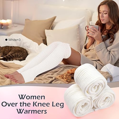 Miniatura 2 de SATINIOR Calentadores de piernas largas para mujer, 24 pulgadas, sobre la rodilla, punto acanalado, calentador de piernas, estribo, yoga, fiesta