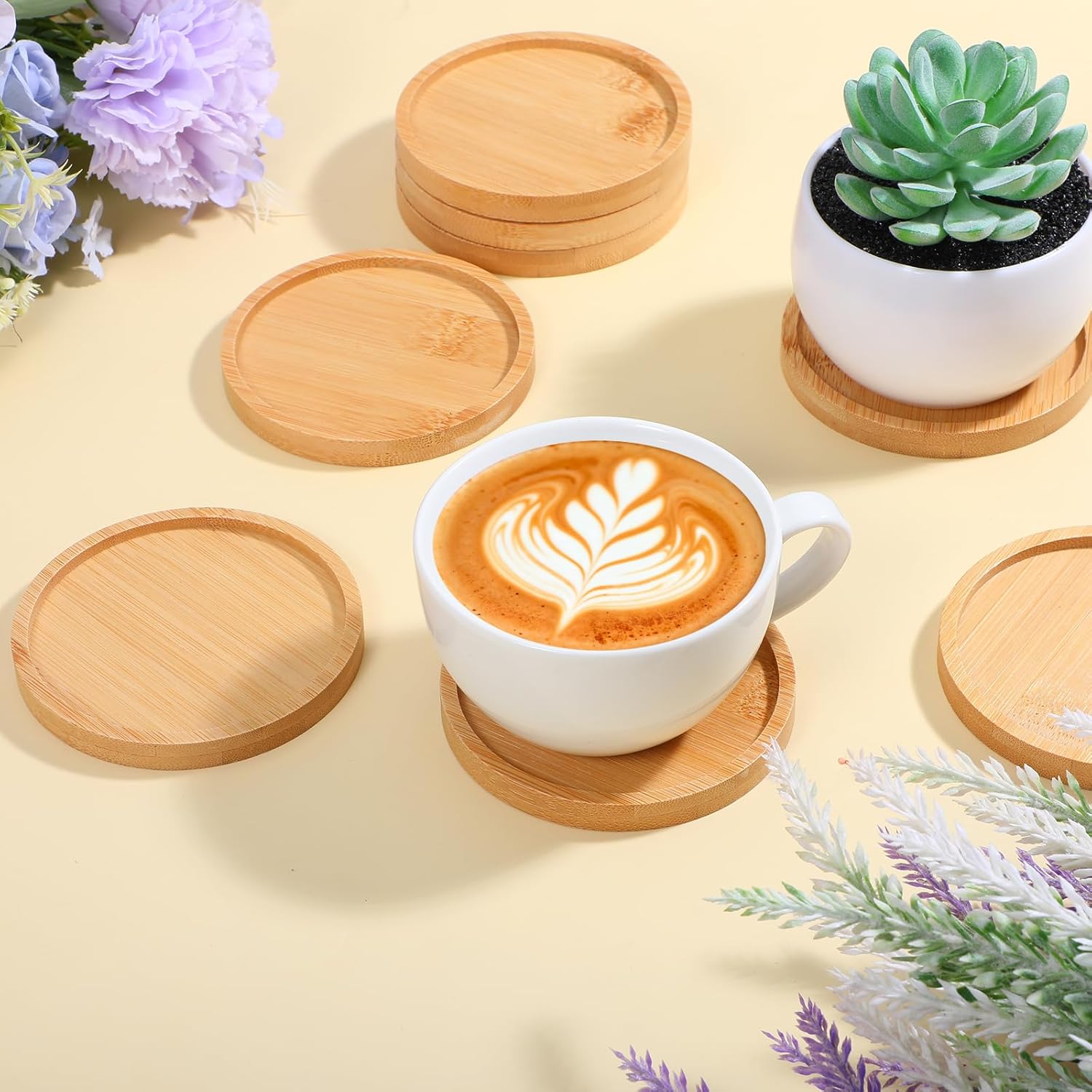 24pcs 3.7’’ Bamboo Plant Saucers Small Round Plant Coasters Drip Trays Plants Saucer DIY Crafts Gifts for Indoor Potted Plants Tabletop Ceramic Cup Holders Table Protectors Wedding Party Decor - Image 3