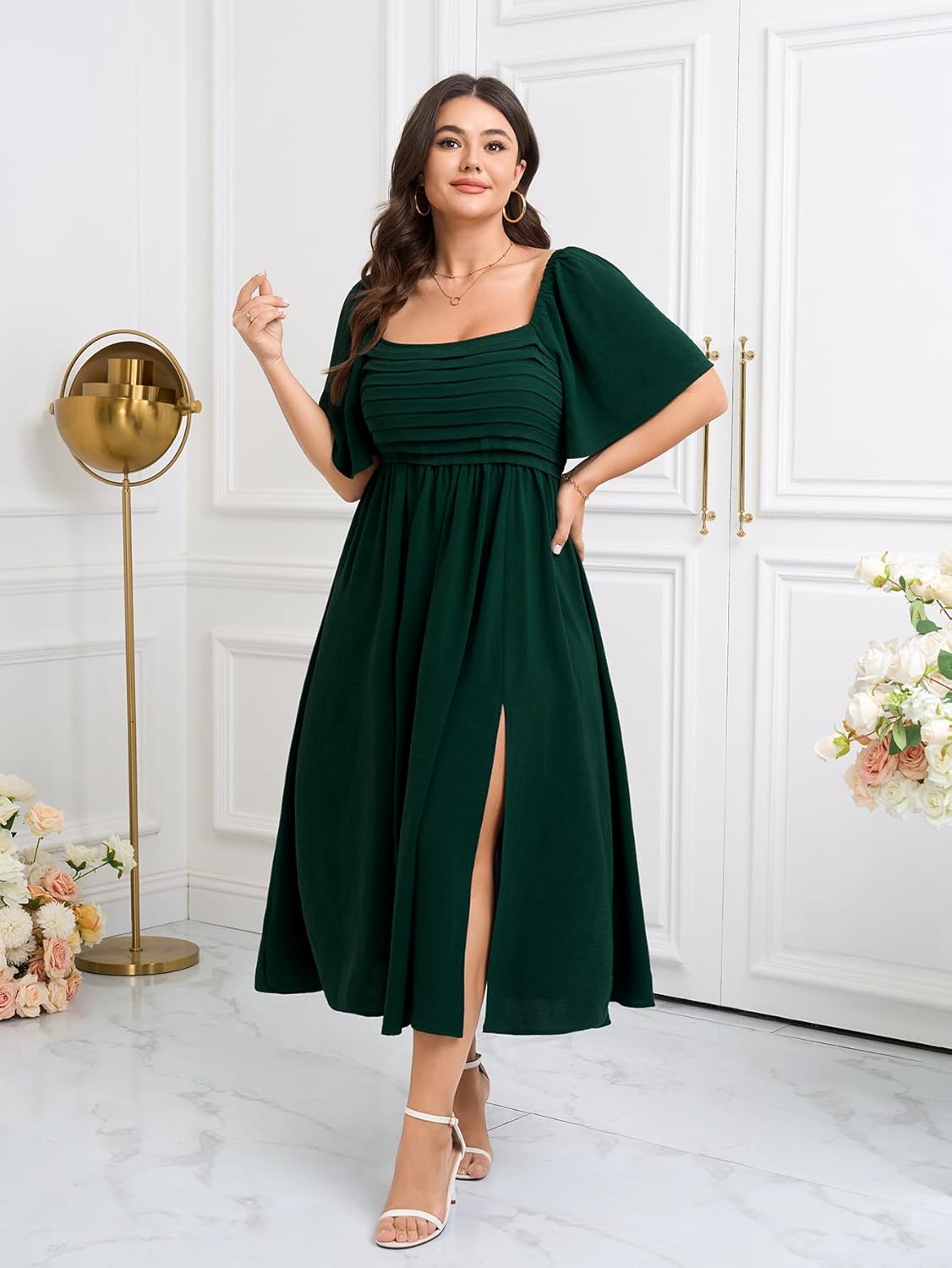 Womens Plus Size Maxi Dress Pleated Square Neck Short Sleeve Smocked High Waist Flowy A-Line Slit Elegant Dresses - Image 4