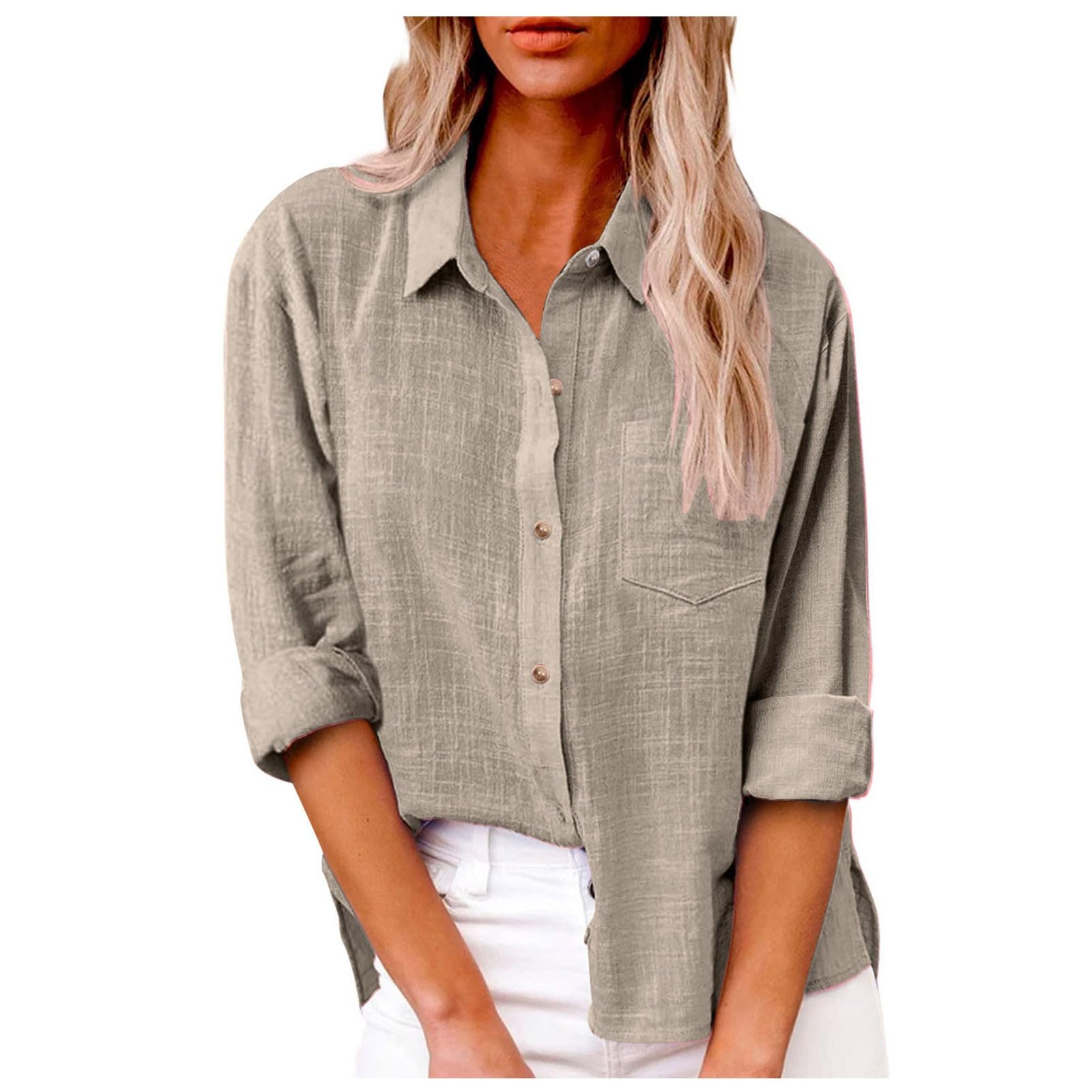 Camisas de gasa de verano de manga larga con botones para mujer, para playa dividida, 2026, a la moda, color sólido, cuello y solapa, ajuste holgado, ropa de lino y algodón, ropa de gran tamaño
