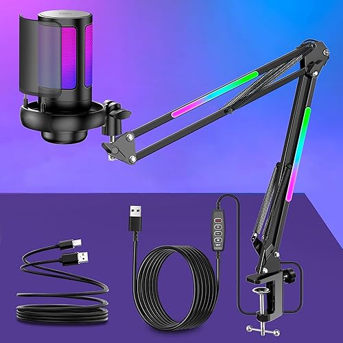 KingSom Micrófono USB para juegos, micrófono condensador de cancelación de ruido con brazo de brazo RGB, micrófonos para podcast RGB para